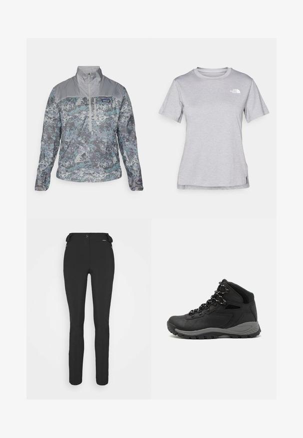 Casaco leve de pullover em padrão de camuflagem cinza e azul, com colarinho alto, fecho de zíper em metade da frente e detalhes em tecido texturizado.; T-shirt cinza de mangas curtas feito de um tecido suave e que absorve a humidade. Apresenta um decote redondo e um pequeno logotipo branco na parte superior esquerda.; Calças pretas, ajustadas, feitas de um material flexível. As características incluem um bolso lateral com fecho éclair, joelhos articulados e uma textura suave.; Bota de caminhada preta com design de cano médio, apresentando um upper texturizado, detalhes cinzentos e sola de borracha durável com cravos de tração.