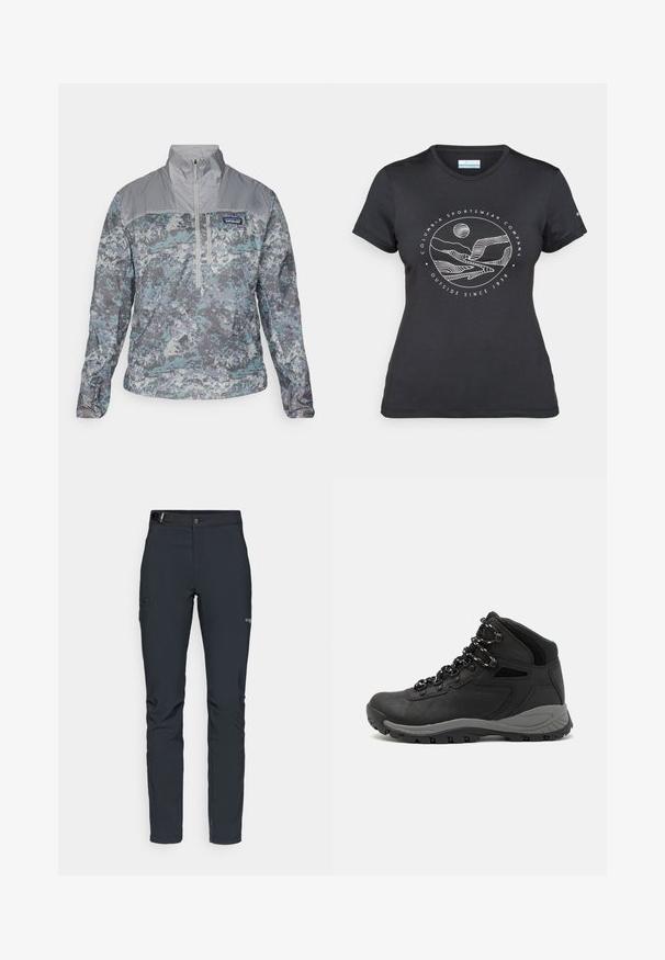 Viegls džemperis pelēkā un zilā kamuflāžas rakstā, ar augstu apkakli, pusbisīs priekšpusi un strukturētu audumu akcentiem.; Melnā Columbia T-kreklā ar baltu apļa kalnu un upes kontūru mākslu, kā arī tekstu "Columbia Sportswear Company Outside Since 1938."; Vīriešu āra bikses, tumši pelēkā krāsā, izgatavotas no elastīga materiāla, ar jostu, kabatām ar rāvējslēdzēju un pastiprinātām šuvēm.; Melni pārgājienu zābaki ar vidēju augstumu, ar teksturētu augšdaļu, pelēkiem akcentiem un izturīgu gumijas zoli ar saķeres izvirzījumiem.