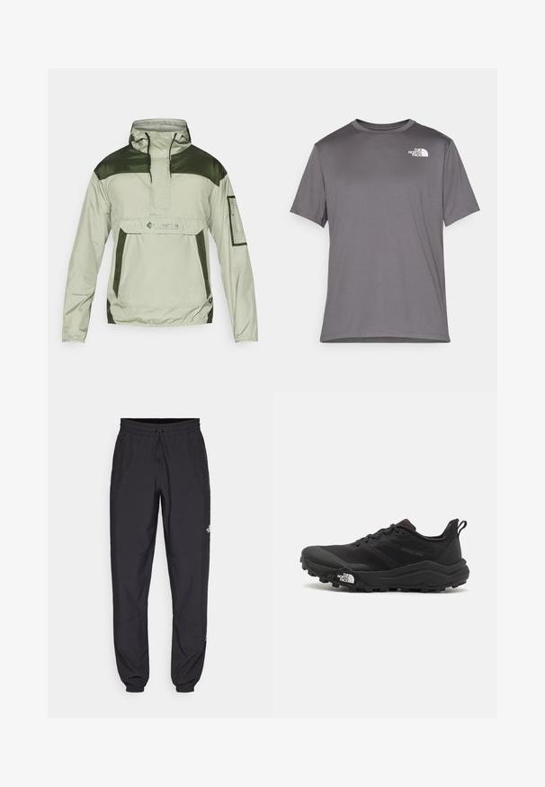 Columbia CHALLENGER™ - Vindjakke - safari/greenscape; Grå kortermet treningst-skjorte laget av glatt, lett stoff. Har en hvit logo på venstre brystområde. Rund halsdesign.; Sorte idrettsbukser laget av lett stoff, med snor i livet, sidelommer og smale mansjetter ved anklene.; Svart terrengløpesko med teksturert overdel, gummisåle og forsterket tåhette. Har polstret krage og løftestropp for enkel påkledning.