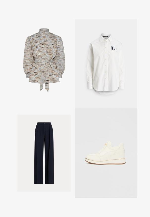 Teksturowana bluzka w kolorze niebieskim, beżowym i brązowym z kołnierzykiem stójkowym, zapięciem na guziki i przewiązaną talią. Bufiaste rękawy i subtelny wzór w paski.; Biała koszula zapinana na guziki, wykonana z bawełny, z długimi rękawami, szpiczastym kołnierzykiem oraz granatowym logo wyhaftowanym na lewej piersi. Zaokrąglony dół.; Granatowe spodnie o szerokich nogawkach wykonane z gładkiej tkaniny. Posiadają centralną zakładkę, pas z szlufkami na pasek i pojedyncze zapięcie na guzik.; Białe tenisówki z teksturowanym wzorem, zaokrąglonym noskiem, sznurowanym przodem oraz koturnem ozdobionym złotym paskiem. Podeszwa z gumy.