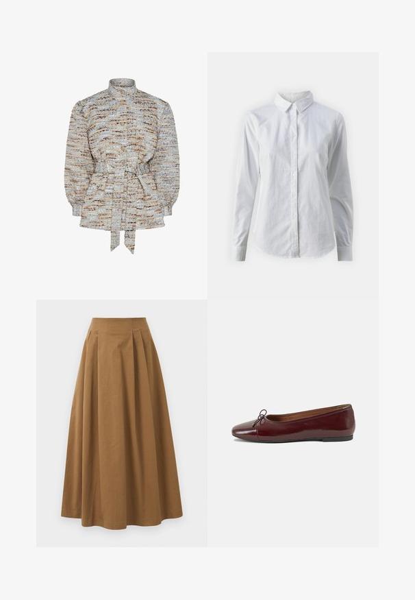 Teksturert bluse i blått, beige og brunt med ståkrage, knappelukking og knyttet midje. Puffermene og en subtil stripete mønster.; Hvit skjorte med knapper laget av glatt bomull, med klassisk krage, lange ermer og buet skjær. Knapper er små og hvite.; Brun bomull A-linje skjørt med høy midje, med folder foran og en jevn tekstur. Kantene er rene og enkle.; Burgunderrød lakk lær ballettleilighet med rund tå, liten sløyfe foran og en lav, svart gummisåle. Glatt tekstur.