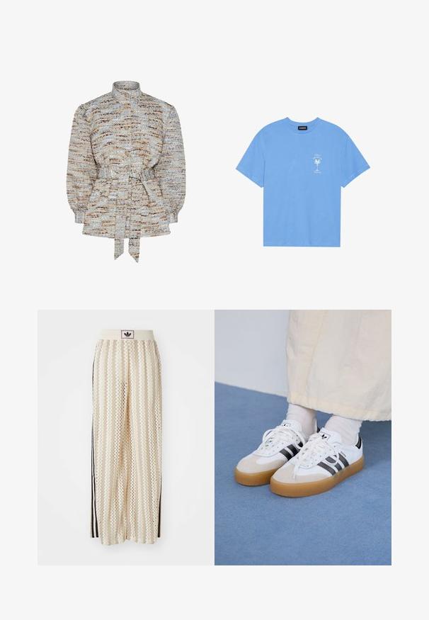 Textúrovaná blúzka v modrej, béžovej a hnedej farbe so stojacím golierom, zapínaním na gombíky a zaviazaním v páse. Puffové rukávy a jemný pruhovaný vzor.; Svetlo modré bavlnené tričko s okrúhlym výstrihom. Na ľavej strane hrude sa nachádza biely grafický motív palmy a text. Krátke rukávy.; Béžové nohavice s širokými nohavicami a zigzagovými vzormi, s čiernym logom na páse a bočnými čiernymi pruhmi. Ľahká, textúrovaná látka.; Biele tenisky s čiernymi pruhmi a béžovými semišovými detailmi. Majú textúrovanú gumovú podrážku a ploché biele šnúrky, kombinované s svetlými ponožkami.