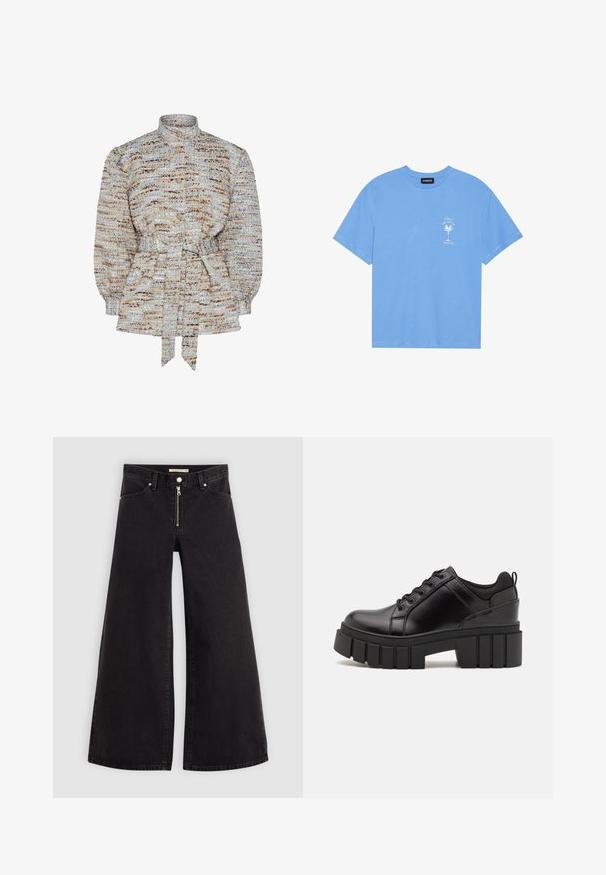 Textuur blouse in blauw, beige en bruin met een staande kraag, knoopsluiting en een gestrikte taille. Puffmouwen en een subtiel gestreept patroon.; Lichtblauwe katoenen T-shirt met een ronde hals. Heeft een witte graphic van een palmboom en tekst op de linkerkant van de borst. Korte mouwen.; Wijdvallende jeans van zwarte denim met een ritssluiting aan de voorkant, vijf zakken en subtiele stikdetails. Soepele textuur en casual stijl.; Zwarte leren platform schoenen met een stevige blokhak, ronde neus en een traditionele vetersluiting. Kenmerkt zich door een gladde textuur en minimale details.