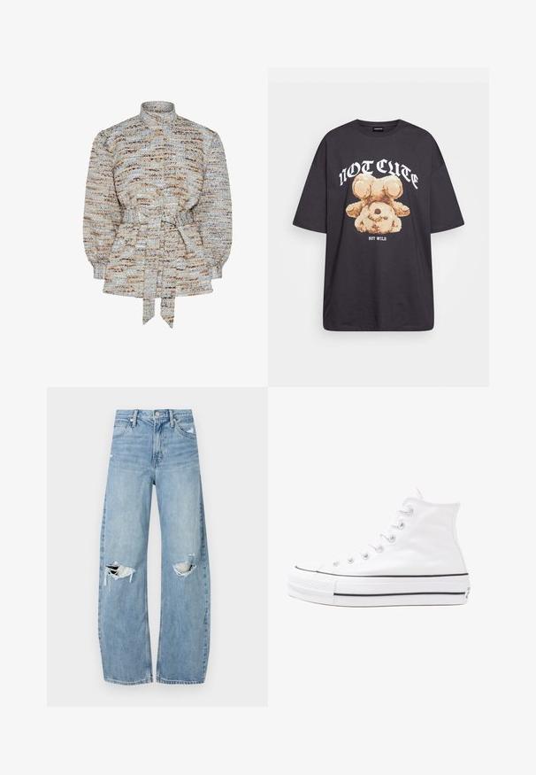 Textured blouse in blue, beige, and brown with a stand collar, button closure, and a tied waist. Puff sleeves and subtle striped pattern.; Black oversized t-shirt featuring a graphic of a bear with the text “NOT CUTE BUT WILD” in bold, white lettering. Cotton material.; Light blue, high-waisted jeans made of denim. Feature wide legs, two torn knee areas, and classic five-pocket styling.; White high-top canvas sneaker with black rubber sole, front rubber toe cap, and six eyelets for laces, featuring a clean, minimalist design.