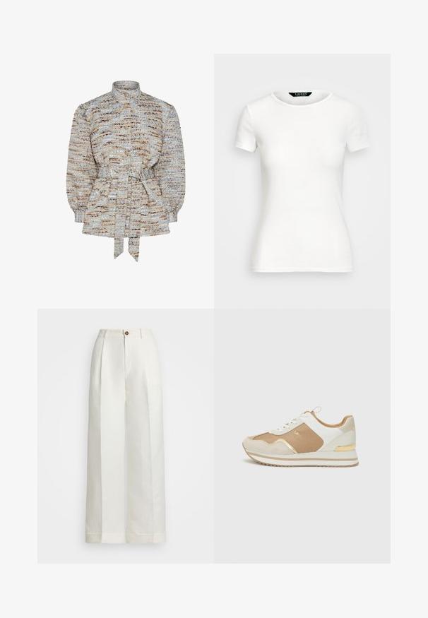 Textuur blouse in blauw, beige en bruin met een staande kraag, knoopsluiting en een gestrikte taille. Puffmouwen en een subtiel gestreept patroon.; Witte katoenen T-shirt met korte mouwen, ronde hals, slim fit ontwerp en een gladde textuur. Logo-label bij de hals.; Witte wijde broek van lichtgewicht stof, met voorplooien, een knoopsluiting en omgeslagen mouwen.; Witte en beige sneaker met gouden accenten, textielstof en glad leer. Kenmerken zijn een dikke zool en vetersluiting.