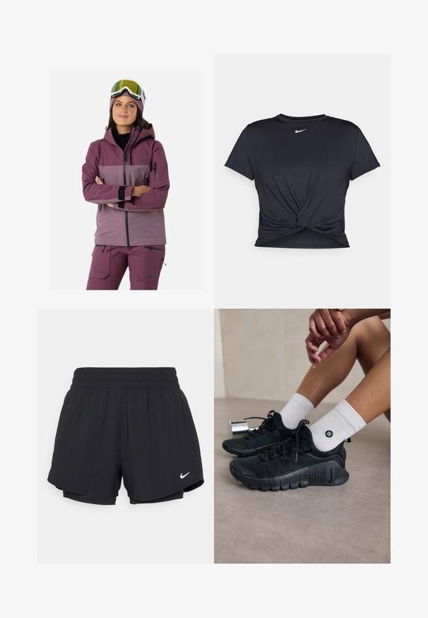 Veste de ski dans des tons de mauve et de violet, dotée d'une capuche, de poches zippées, de poignets élastiques et d'un tissu respirant pour les activités de plein air.; T-shirt de sport noir en tissu lisse, avec un design avant noué et un petit logo Nike blanc sur la poitrine.; Shorts de sport noirs avec un waistband élastique froncé, doublure intérieure et logo Nike blanc sur le bas à gauche. Tissu lisse et léger.; Chaussures de sport noires en tissu texturé, avec un design à lacets et une semelle proéminente, accompagnées de chaussettes blanches à côtes arborant un petit logo.