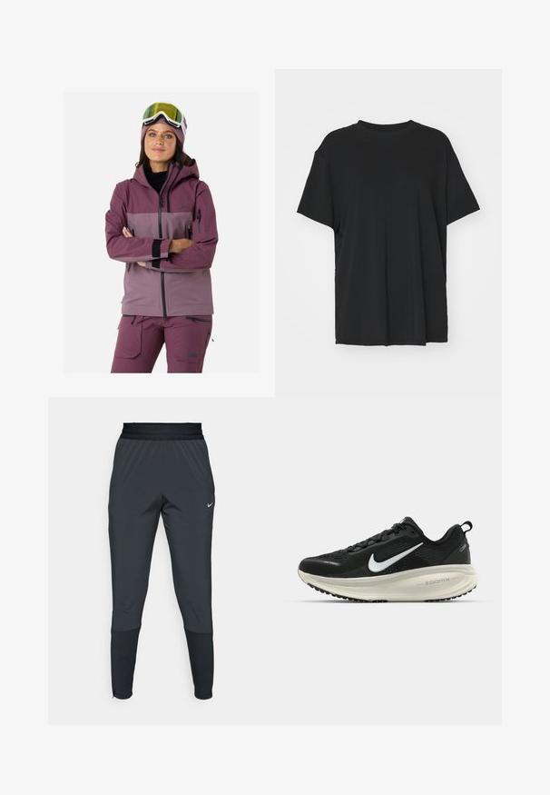 Ski jacket in shades of mauve and purple, featuring a hood, zippered pockets, elastic cuffs, and breathable fabric for outdoor activity.; Black short-sleeve t-shirt made of smooth fabric, with a crew neck and loose fit. Features side slits for added comfort and breathability.; Nike athletic pants in dark gray, featuring a tapered leg design, elastic waistband, and accent details near the cuffs.; Black Nike running shoe with breathable mesh upper, white swoosh logo, textured detailing, and a cream-colored ZoomX midsole.