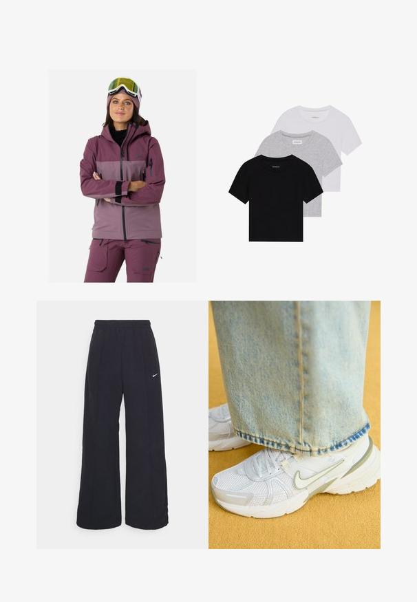 Veste de ski dans des tons de mauve et de violet, dotée d'une capuche, de poches zippées, de poignets élastiques et d'un tissu respirant pour les activités de plein air.; Ensemble de trois t-shirts à manches courtes en noir, gris et blanc. Fabriqués en coton, avec un col rond et un design simple de couleur unie.; Pantalons larges noirs avec une taille élastique et un petit logo Nike blanc. Le tissu a une texture lisse, conçu pour le confort et un style décontracté.; Baskets de sport blanches avec une tige en mesh, accents verts, semelle texturée, associées à un jean en denim bleu clair présentant un ourlet effiloché.