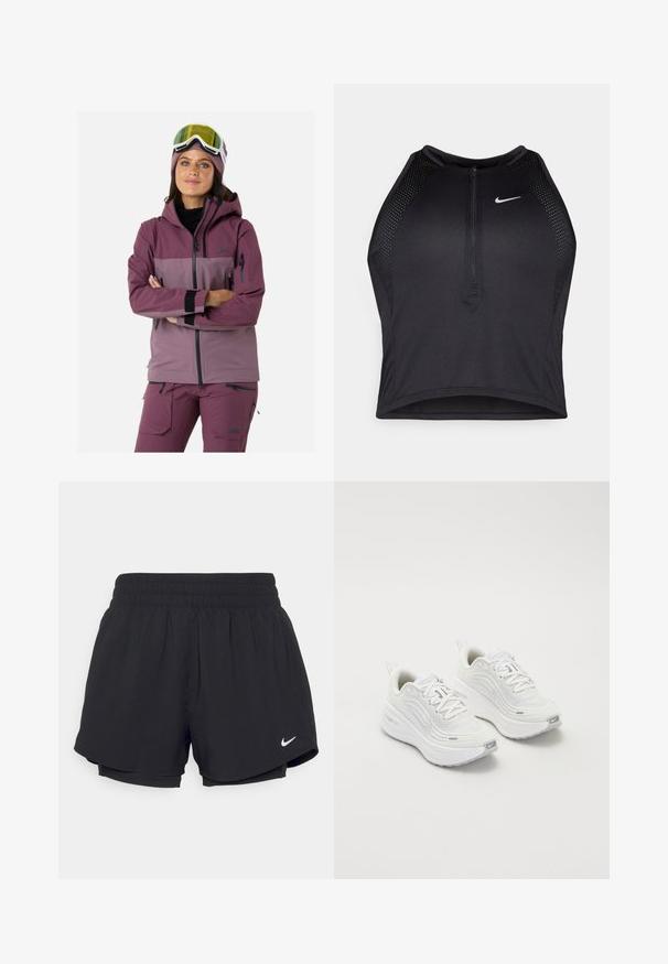 Veste de ski dans des tons de mauve et de violet, dotée d'une capuche, de poches zippées, de poignets élastiques et d'un tissu respirant pour les activités de plein air.; Crop top sportif noir avec fermeture éclair à l'avant, accents en mesh et design ajusté. Fabriqué en tissu extensible et respirant. Logo Nike à l'avant.; Shorts de sport noirs avec un waistband élastique froncé, doublure intérieure et logo Nike blanc sur le bas à gauche. Tissu lisse et léger.; Baskets de sport blanches avec une tige en maille texturée, une semelle rembourrée et de subtils accents gris. Comprend un logo et une languette en boucle au talon pour un enfilage facile.