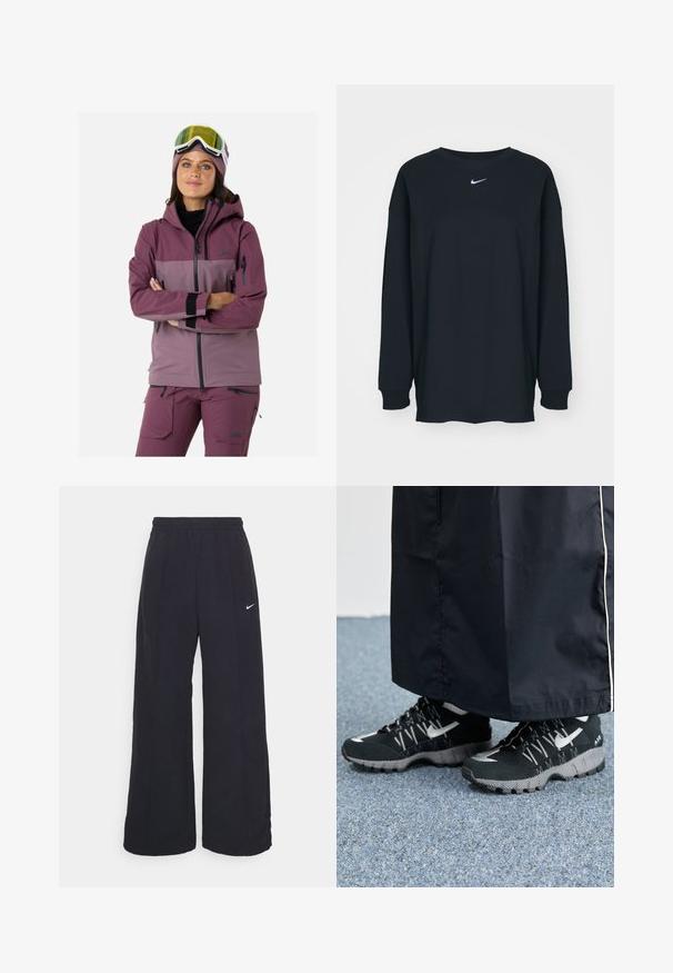 Giacca da sci in tonalità di malva e viola, con cappuccio, tasche con zip, polsini elastici e tessuto traspirante per attività all'aperto.; T-shirt nero a maniche lunghe in cotone con colletto rotondo. Presenta un logo Nike bianco sul petto. Texture morbida, design semplice.; Pantaloni neri a gamba larga con cintura elastica e un piccolo logo Nike bianco. Il tessuto ha una texture liscia, progettata per il comfort e l'abbigliamento casual.; Scarpe sportive nere con tomaia testurizzata, dettagli argentati e suola con motivo, abbinate a un lungo indumento nero. Ambientate su un tappeto blu.