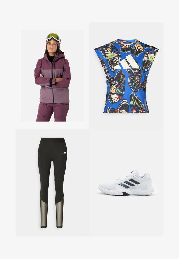 Veste de ski dans des tons de mauve et de violet, dotée d'une capuche, de poches zippées, de poignets élastiques et d'un tissu respirant pour les activités de plein air.; Chemise bleue à manches courtes ornée d'un imprimé de papillons colorés, avec un grand logo blanc sur le devant et un col rond.; Leggings de sport noirs avec une taille haute, présentant des accents en mesh sur le bas des jambes et un logo brodé sur la hanche.; Baskets blanches avec une tige en maille, trois rayures noires sur le côté, des accents texturés et une semelle en caoutchouc robuste avec une section noire contrastante.
