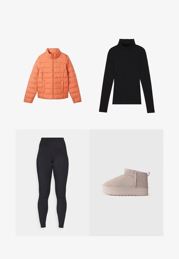 TOM TAILOR Winterjacke - dusty apricot; Schwarzes langärmeliges Turtleneck-Oberteil aus geripptem Stoff, mit einer taillierten Passform, hohem Kragen und ohne Muster oder Akzente.; Schwarze hochtaillierte Leggings aus dehnbarem, glattem Stoff. Sie verfügen über ein tailliertes Design mit einem Logo-Akzent nahe dem Knöchel.; Beige Wildleder-Winterstiefel mit niedrigem Schaft, dicker Sohle und praktischem Ziehschlauf auf schlichtem weißen Hintergrund, im Seitenprofil dargestellt.