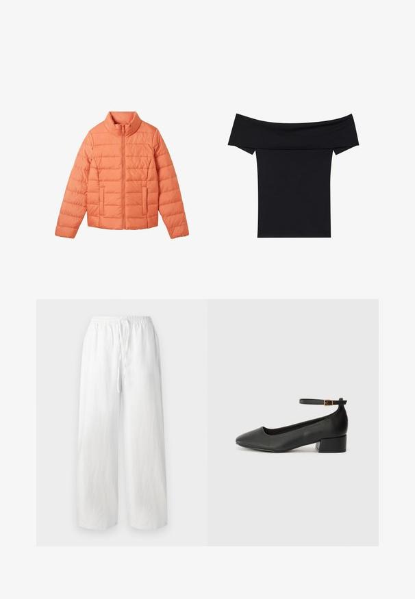 TOM TAILOR Winter jacket - dusty apricot; Black off-the-shoulder top made from soft stretch fabric. Features short sleeves and a fitted silhouette. Simple, seamless design.; White wide-leg trousers with an elastic waistband and drawstring. Made of lightweight fabric with a smooth texture. No patterns or accents.; Black leather pump with a pointed toe and a low block heel. Features an ankle strap with a gold-tone buckle. Smooth texture.