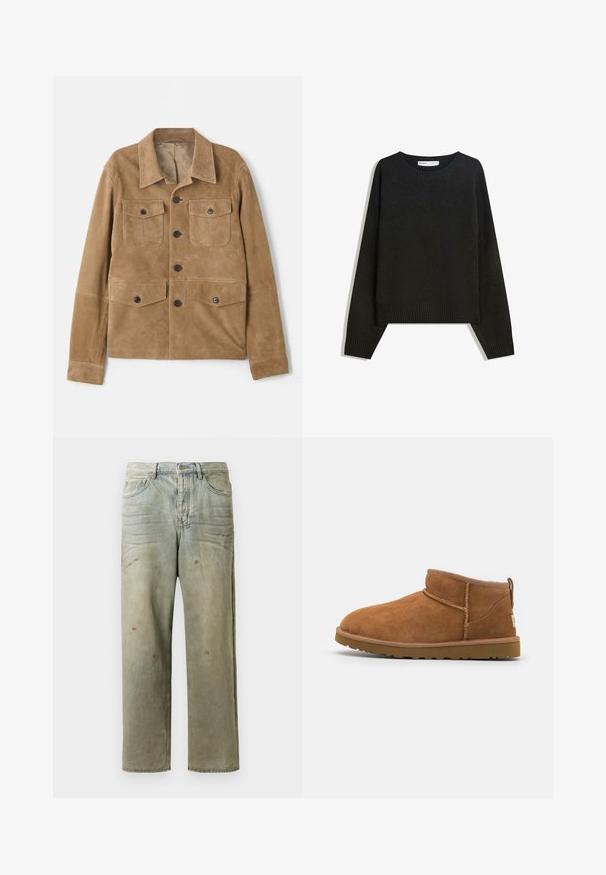 Světlý semišový kabát s klasickým límcem, čtyřmi předními kapsami a knoflíkovým zapínáním. Má hladkou texturu a přiléhavý střih.; Černý pletený svetr s kulatým výstřihem, žebrovanými manžetami a lemem. Design je široký s kleslými rameny pro pohodlný střih.; Odstřižené džíny v světle zelené barvě, se rovnými nohavicemi, pěti kapsami a nerovnoměrným vyblednutím s barevnými skvrnami.; Světlé semišové kotníkové boty s kulatou špičkou, jemnými švy a texturovanou gumovou podrážkou. Krátká výška bez šněrování.