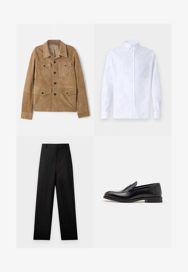 Klasiska krāsa brūna zamšādas jaka ar klasisku apkakli, četriem priekšējiem kabatām un pogu aizdari. Iezīmējas ar gludu tekstūru un pielāgotu piegriezumu.; Balts garo piedurknēm krekliņš ar pogām, izgatavots no kokvilnas, ar krūšu kabatu ar tonālu izšuvumu, apkakli un pogām pie piedurknēm.; Melnas kokvilnas bikses ar taisnās kājas dizainu, kurām ir priekšējā pogu aizdare un sānu kabatas. Gluda tekstūra, bez rakstiem.; Melnas ādas kurpes ar gludu tekstūru, noapaļu purngalu un dekoratīvu siksniņu pāri priekšpusei. Zems sakrauts papēdis, minimālisma dizains.