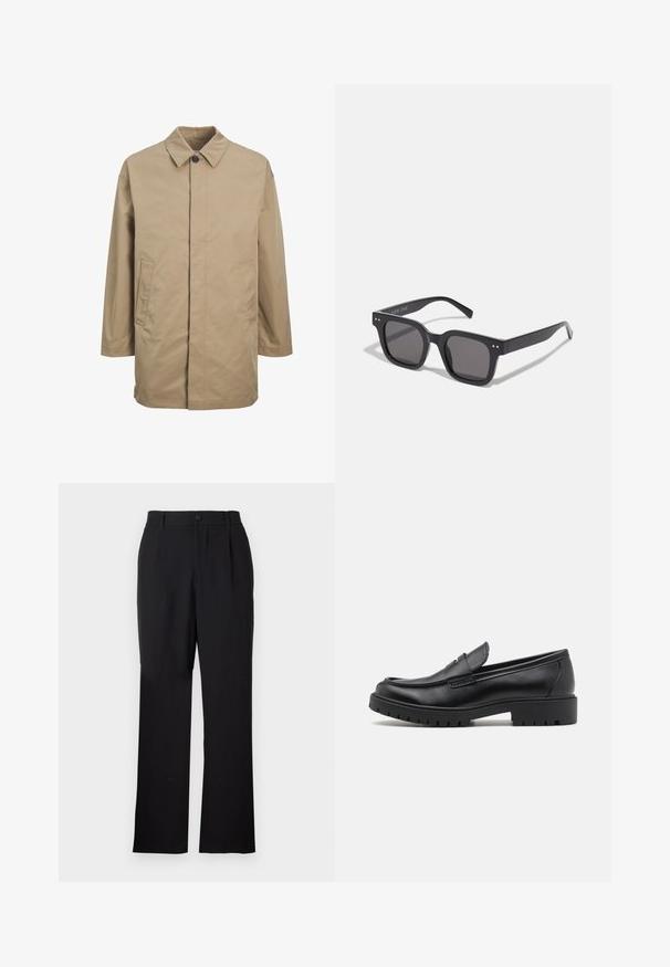 Bežs ūdensnecaurlaidīgs mētelis ar norādītu apkakli, priekšējo pogu aizdari un divām sānu kabatām. Raksturīga taisna piegriezuma un gluda tekstūra.; Gaišbeige adīts džemperis ar strukturētu vafeles rakstu. Iespējas ietver augstu kaklu un ribotu apkakli un malām. Mīksta, vidēji smaga auduma. ; Only & Sons ONSJEREMY LOOSE PANT - Auduma bikses - black; Melni ādas loafers ar noapaļotu pirkstu, viegli uzvelkami, un biezu gumijas zoli ar teksturētu saķeri. Pacelta papēža un diskrētas šuvju detaļas.; Melnas taisnstūra saulesbrilles ar tumšiem stikliem, kuras iezīmē bieza rāmja konstrukcija, diskrēti akcenti sānos, un nav redzamu logo ārpus zīmola nosaukuma.; Casio kvarca rokas pulksteņi ar melnu seju, sudraba nerūsējošā tērauda siksnu, lieliem baltajiem un sarkaniem cipariem, kā arī ūdensizturību līdz 200 m.