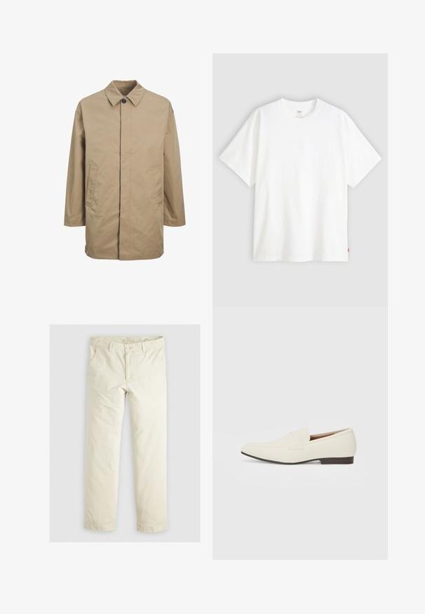 Beige vanntett frakk med spiss krage, frontknapplukking og to sidelommer. Har rett passform og glatt tekstur.; Hvit t-skjorte med korte ermer laget av bomull, med rund hals. Har diskret preget logo detalj foran og en rød etikett på kanten.; Lys beige løse bukser med tre lommer, beltestropper og rett ben-design. Laget av et mykt bomullsblandingsstoff.; Lyse beige loafers med spiss tå, glatt materiale, en stropp over vampsen, og en lav brun såle. Enkel design med minimale detaljer.