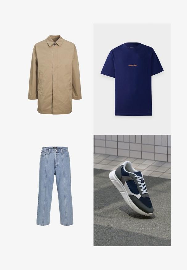 Palton impermeabil bej cu guler ascuțit, închidere cu butoni pe față și două buzunare laterale. Are un croi drept și o textură netedă.; Tricou din bumbac de culoare albastru marin, cu mâneci scurte. Prezintă un mic logo brodat, de culoare portocalie, la piept. Design clasic cu guler rotund.; Jeans din denim de culoare albastră deschisă, cu o croială lejeră, picioare largi și detalii de cusătură vizibile. Caracteristică un sistem de închidere cu nasture și fermoar, precum și cinci buzunare.; Adidași cu un uppers din plasă albastră închisă, accente din suede gri, talpă din cauciuc alb și șireturi plate albe, concepuți pentru confort și respirabilitate.