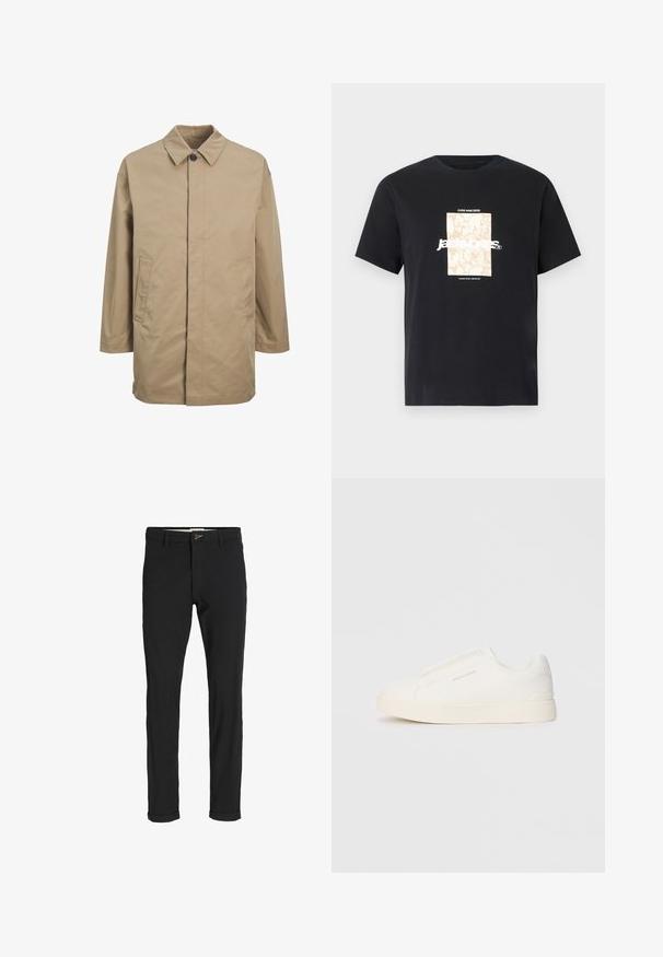Béžový nepromokavý kabát s špičatým límcem, předním zapínáním na knoflíky a dvěma bočními kapsami. Má rovný střih a hladkou texturu.; Černé bavlněné tričko s kulatým výstřihem. Na přední straně se nachází béžová obdélníková grafika a bílý text "JAWO" vycentrovaný uprostřed. Krátké rukávy.; Černé kalhoty z bavlněné směsi s úzkým střihem, s knoflíkovým zapínáním, kapsami a ohrnutými manžetami pro uvolněný vzhled.; Bílé slip-on tenisky s texturovaným povrchem, silnou podešví a minimalistickým designem. Na boku je umístěno logo značky.