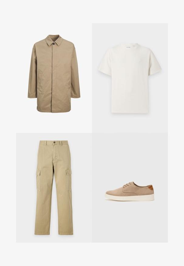 Vedenje bež plašč z ostro ovratnikom, sprednjim zapiranjem na gumbe in dvema stranskima žepoma. Ima ravno krojenje in gladko teksturo.; Valkoinen lyhythihainen T-paita ribbikuviossa. Pyöreä kaula-aukko, rento istuvuus, ei näkyviä kuvioita tai yksityiskohtia. Yksinkertainen ja monikäyttöinen muotoilu.; Beige cargo-housut, jotka on valmistettu puuvillasta, ja niissä on kaksi sivutaskua, napp Closure ja suorat lahkeet, joissa on hieman teksturoitu kangas.; Beige nubuck-lenkkarit, joissa on pyöreä kärki, nauhakiinnitys ja teksturoitu takaosa. Valkoinen kumipohja tuo kontrastia. Yksinkertainen ja moderni muotoilu.