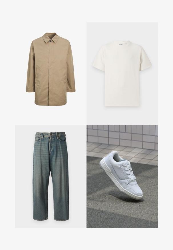 Béžový vodoodolný kabát s špicatým golierom, predným zapínaním na gombíky a dvoma bočnými vreckami. Má rovný strih a hladkú textúru.; Biela krátka tričko s krátkym rukávom so žebrovanou textúrou. Okrúhly výstrih, uvoľnený strih, žiadne viditeľné vzory ani akcenty. Jednoduchý a všestranný dizajn.; Svetlomodré denimové nohavice so voľným strihom, stredne vysokým pásom a rovnými nohavicami. Obsahujú päť vreciek, pútka na opasok a zapínanie na gombík.; Biele kožené tenisky s perforovanými stranami, textúrovanými akcentmi, plochými šnúrkami a kontrastnou sivou pätou. Majú mierne zvýšenú podrážku.