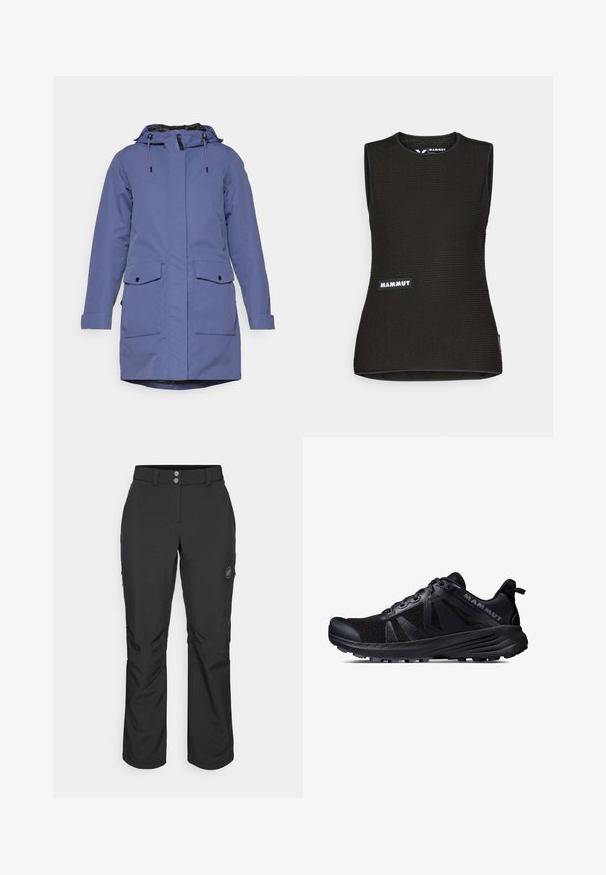 Parka leggera blu con cappuccio, due tasche frontali e foderatura nera. Presenta cordini regolabili e dettagli con bottoni.; Canottiera nera senza maniche con un motivo texturizzato, caratterizzata da un colletto rotondo e un logo "MAMMUT" sul davanti. Realizzata in materiale traspirante.; Pantaloni outdoor neri con taglio dritto, dotati di chiusura con bottone, tasche laterali con zip e una patch con logo sulla coscia sinistra.; Scarpe da trail running nere con tomaia in rete e suola in gomma. Presentano sovrapposizioni testurizzate, punta rinforzata e logo del marchio sul tallone.
