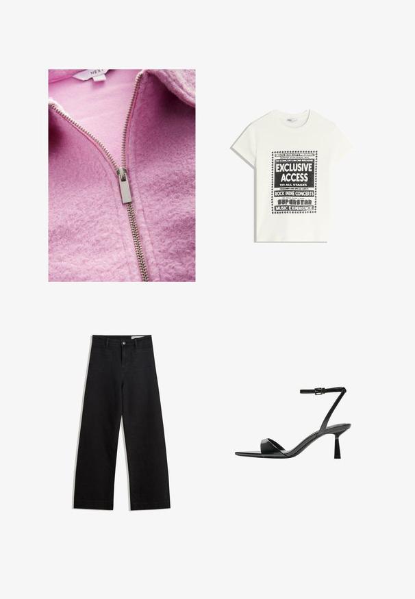 Fleece zip-up jacket in soft pink with a textured finish, silver-tone zipper closure, and internal lining visible at the collar.; White t-shirt with black text promoting a music event, featuring "Exclusive Access," "Rock Indie Concerts," and "Superstar Music Experience."; Black wide-leg denim pants with a high waist, featuring front and back pockets, stitched seams, and a button closure. Smooth texture.; Bershka High heeled sandals - black