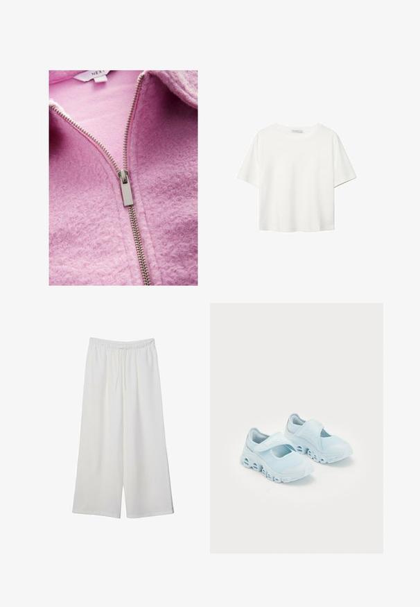 Pehmeä vaaleanpunainen fleece-zip-up-takki, jossa on teksturoitu pinta, hopeanvärinen vetoketjusulku ja näkyvä sisävuori kauluksessa.; Valkoinen lyhythihainen T-paita, joka on tehty puuvillasta. Siinä on pyöreä kaula-aukko ja rento malli. Silkkinen pinta ilman näkyviä kuvioita tai koristeita.; Valkoiset leveälahkeiset housut, jotka on valmistettu kevyestä kankaasta. Niissä on joustava vyötärö ja nauha säädettävää istuvuutta varten. Sileä pinta.; Vaaleansiniset lenkkarit, joissa on verkkokangasta, erottuvat leikkaukset pohjassa, ja tarranauha päällä turvallista istuvuutta varten.