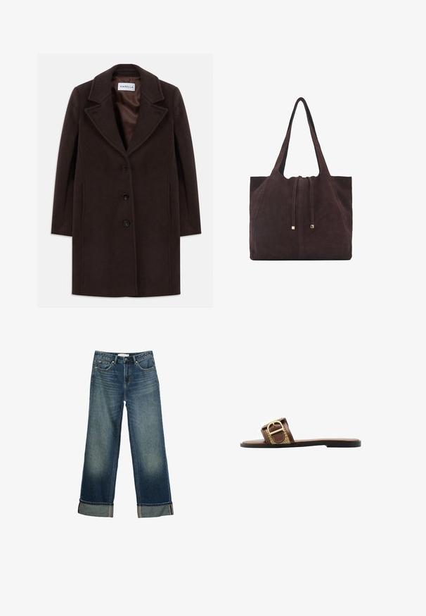 Temno rjav volnen plašč do kolen s tremi črnimi gumbi, širokim ovratnikom in gladkim satenskim podloženjem, označenim z Marella.; Rjav pleten pulover z visokim ovratnikom, dolgimi rokavi in usklajenim pasom. Mehka tekstura in sproščen kroj.; Široke modre džins hlače z zamanšanim videzom, petim žepom in prepogibom na robovih z kontrastnim šivanjem. Gladka tekstura.; Rjave usnjene natikače z širokim trakom in zlatim sponko ter teksturiranim vzorcem, postavljene na ravnem črnem podplatu.; Mango Torba za nakupovanje - dark brown
