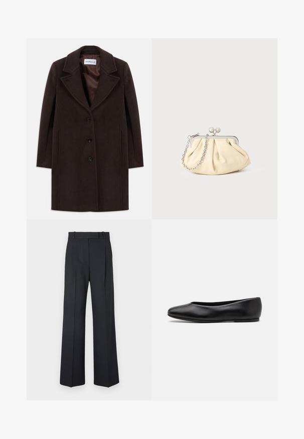 Abrigo de lana marrón oscuro hasta la rodilla, con tres botones negros, cuello de solapa ancho y forro de satén suave, etiquetado como Marella.; Suéter negro de punto con mangas largas, cuello redondo y un pequeño corazón blanco en el pecho. Textura suave y puños y bajo acanalados.; Pantalones oscuros de rayas con un diseño de cintura alta y pierna ancha, sin hardware o adornos visibles. Textura suave y ajuste entallado.; Paul Smith TOPANGA - Bailarinas - black; Clutch de cuero beige plisado con un marco de metal plateado, que cuenta con dos broches decorativos redondos y una correa de cadena plateada.