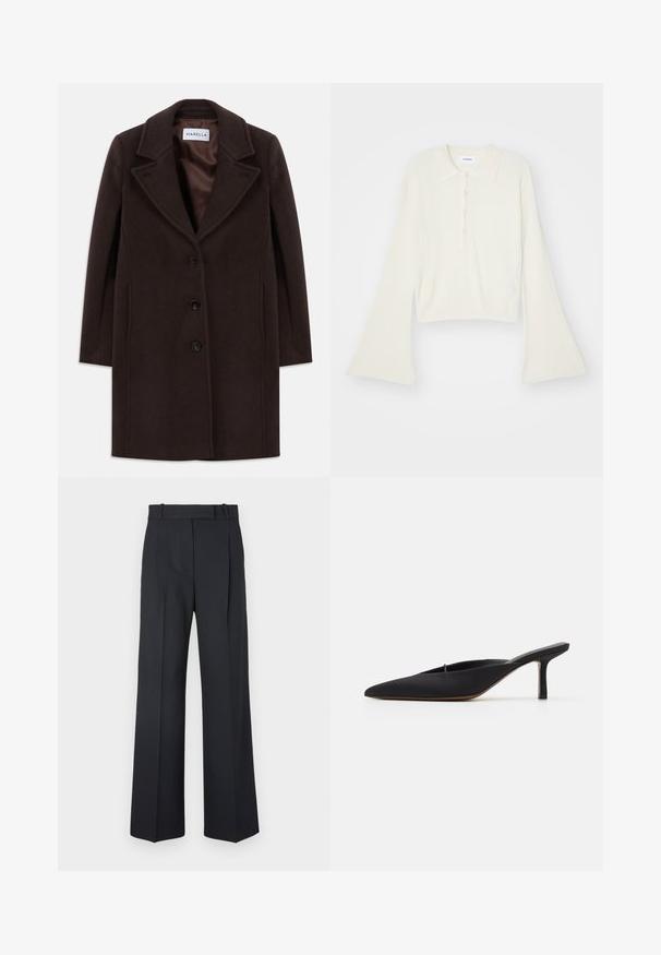 Donkerbruine wollen knie-lange jas met drie zwarte knopen, brede reverskraag en gladde satijnen voering gemarkeerd met het label Marella.; Geribbelde, crèmekleurige polo met lange, flare mouwen en een placket met vijf knopen. Beschikt over een kraag met een zachte textuur.; Donkerblauwe pinstriped broek met een hoge taille, wijde pijpen en zonder zichtbare hardware of versieringen. Glad textuur en nauwkeurige pasvorm.; Zwarte muiltje met spitse neus en een strak ontwerp, gemaakt van gladde stof, met een slanke hak en open achterkant voor gemakkelijk aan- en uittrekken.