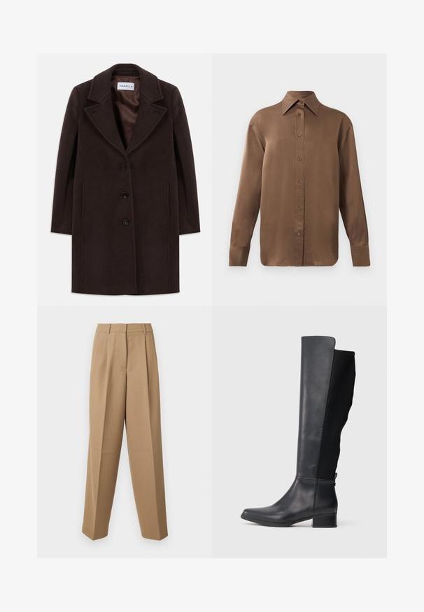 Donkerbruine wollen knie-lange jas met drie zwarte knopen, brede reverskraag en gladde satijnen voering gemarkeerd met het label Marella.; Bruine overhemd met lange mouwen en knopen, voorzien van een spitse kraag en manchetten, op een eenvoudige witte achtergrond weergegeven.; Beige op maat gemaakte broek met een hoge taille, geplooide voorkant en wijde pijpen. De stof lijkt glad met een lichte glans.; Hoge zwarte leren en stoffen laars met een lage blokhak en ronde neus, getoond in zijprofiel op een witte achtergrond.