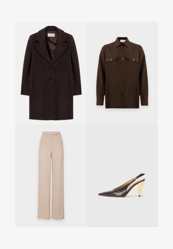 Mørkebrun uldkåbe i knæ længde med tre sorte knapper, bred krave og glat satinforing mærket Marella.; Mørkebrun langærmet skjorte med knaplukning, to brystlommer med klap og en klassisk krave, præsenteret mod en helt hvid baggrund.; Beige vidde bukser lavet af et let stof. Har en glat tekstur, forlommer og et diskret taljebånddesign.; Spids-tå slingback hæl i mørkebrun blank fake krokodillelæder. Har en guldfarvet geometrisk hæl og justerbar ankelrem.