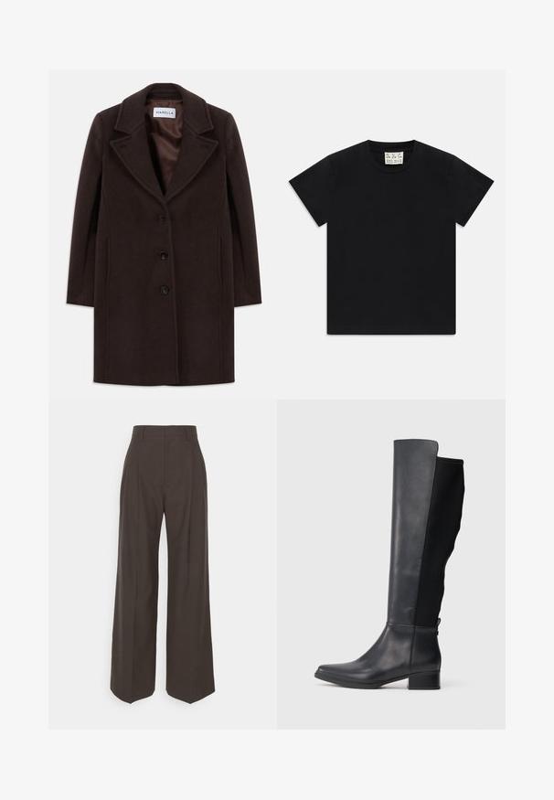 Sötétbarna gyapjú, térdús kabát, három fekete gombbal, széles hajtókával és sima selyem béléssel, amelyen a Marella felirat található.; Fekete, rövid ujjú, kerek nyakú póló fehér címkével a gallér belsejében, amelyen az "D.R.C. EST. 2002" felirat szerepel, fehér háttéren.; Sötétbarna, bő szárú nadrág magas derékkal, tisztán vasalt redőkkel, sima textúrával és testhez simuló fazonnal.; Magas fekete bőr és szövet csizma, alacsony tömbsarokkal és kerek orral, oldalsó profilban, fehér háttéren.