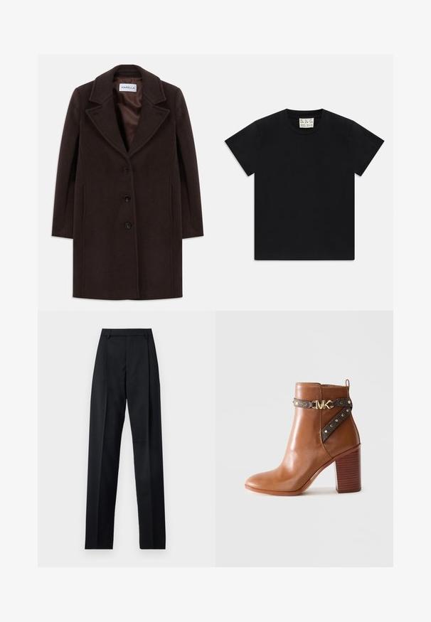 Sötétbarna gyapjú, térdús kabát, három fekete gombbal, széles hajtókával és sima selyem béléssel, amelyen a Marella felirat található.; Fekete, rövid ujjú, kerek nyakú póló fehér címkével a gallér belsejében, amelyen az "D.R.C. EST. 2002" felirat szerepel, fehér háttéren.; Fekete nadrág sima anyagból, magas derékkal, széles lábakkal, elülső redőkkel és klasszikus övhurkokkal. Oldalzsebek nem láthatók.; barna bőr boka csizma, stílusos tömbsarkal, oldalszíj arany szegecsekkel és arany "MK" logós csattal.