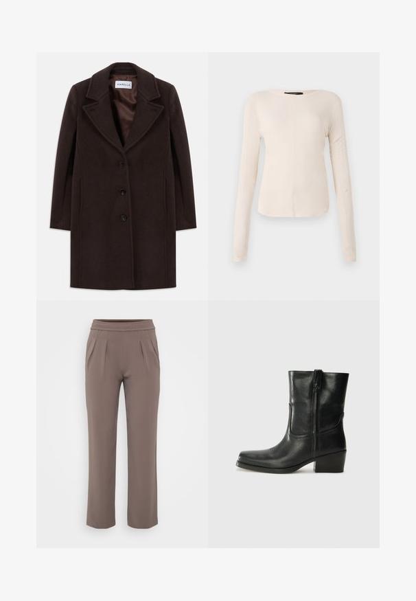 Tmavě hnědý vlněný kabát po kolena se třemi černými knoflíky, širokým klopovým límcem a hladkým saténovým podšívkou označený značkou Marella.; Dlouhý rukáv, světle béžový top s kulatým výstřihem. Vyrobeno z jemné látky, má středový šev a mírně zaoblený lem. Bez viditelné kovové úpravy.; Taupe volné kalhoty s elastickým pasem a předními záhyby, vyrobené z hladkého materiálu.; Černá kožená kotníková bota s kulatou špičkou, blokovým podpatkem, bočním zipem a prošíváním na svršku. Hladký povrch, klasický design.