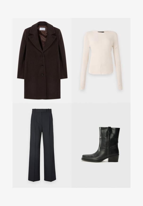Tmavě hnědý vlněný kabát po kolena se třemi černými knoflíky, širokým klopovým límcem a hladkým saténovým podšívkou označený značkou Marella.; Dlouhý rukáv, světle béžový top s kulatým výstřihem. Vyrobeno z jemné látky, má středový šev a mírně zaoblený lem. Bez viditelné kovové úpravy.; Tmavě modré kalhoty s pruhy, vysokým pasem, širokým nohavicemi a bez viditelného kování nebo ozdob. Hladká textura a přesně padnoucí střih.; Černá kožená kotníková bota s kulatou špičkou, blokovým podpatkem, bočním zipem a prošíváním na svršku. Hladký povrch, klasický design.