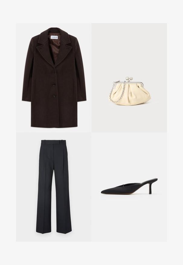 Dark brown wool knee-length coat with three black buttons, wide lapel collar, and smooth satin lining labeled Marella.; Long-sleeve, light beige top with a round neckline. Made of soft fabric, features a central seam and slightly curved hem. No visible hardware.; Dark blue pinstriped trousers with a high waist, wide leg design, and no visible hardware or embellishments. Smooth texture and tailored fit.; Black pointed-toe mule with a sleek design, made of smooth fabric, featuring a slender heel and open back for easy wear.; Pleated beige leather clutch with a silver metal frame, featuring two round decorative clasps and a silver chain strap.