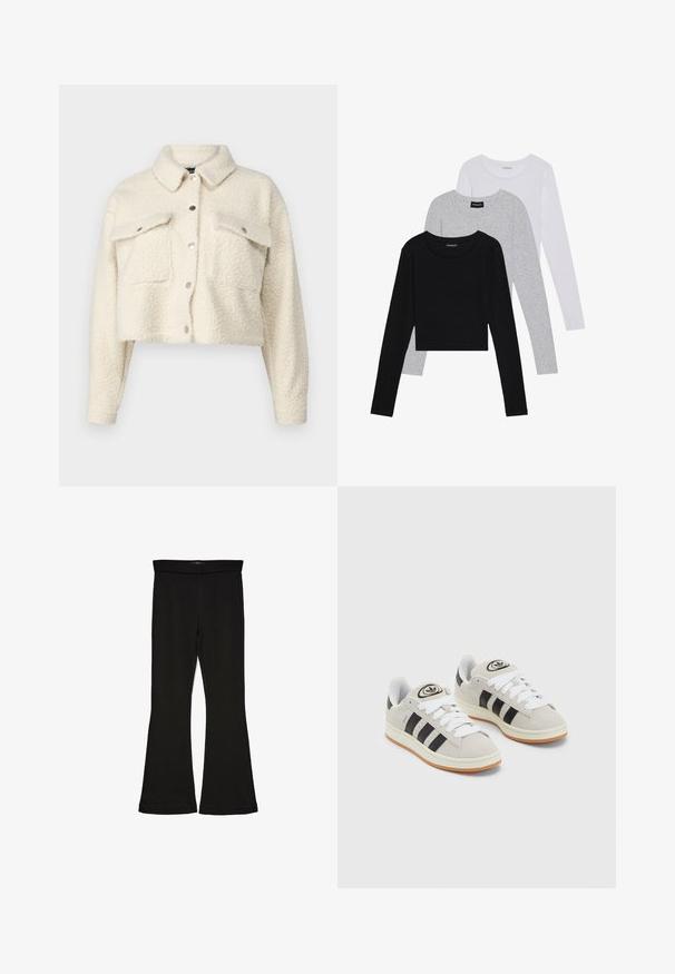 Veste en polaire couleur crème avec un design court, fermeture à boutons, deux poches avant et un col classique. Tissu doux et texturé.; Trois hauts à manches longues empilés : noir, gris et blanc. Chacun a un col rond et un design court avec un tissu lisse et léger.; Leggings évasés noirs en tissu extensible. Présentent une taille large et une texture lisse, avec une coupe ajustée qui s'évasent au bas.; Baskets en suède gris avec des lacets blancs, des rayures noires et une semelle en caoutchouc blanc. Présentent un logo circulaire sur la languette et une semelle en gomme.