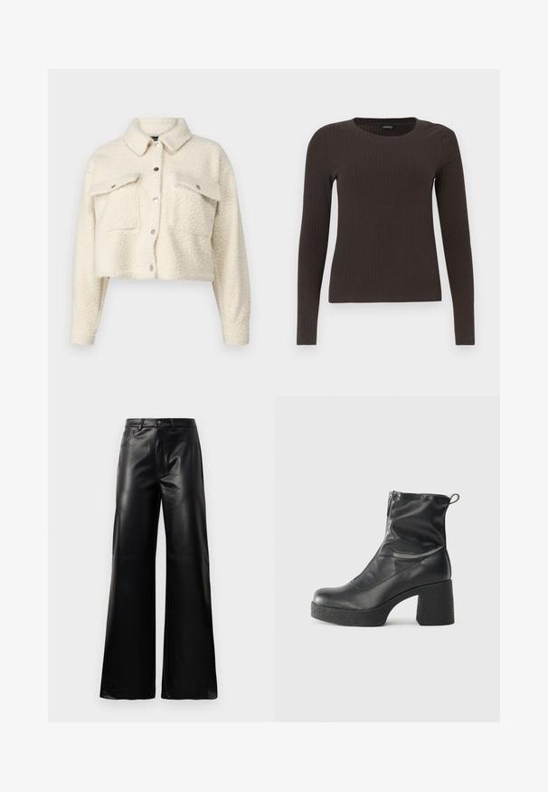 Krēmskrāsas vilnas jaka ar īsu dizainu, pogu aizdari, divām priekšējām kabatām un klasisku apkakli. Mīksta, teksturēta auduma.; Brūns, garām piedurknēm ribots tops ar apaļu kakla izgriezumu. Izgatavots no gludas, elastīgas materiāla, ar pieguļošu siluetu un minimālu apdari.; Melnas augstās jostas platajās kājās sintētiskās ādas bikses ar priekšējo pogu, rāvējslēdzēju, jostas cilpām un sānu kabatām uz baltā fona.; Melni potītes zābaki, kas izgatavoti no gludas ādas, ar sānu rāvējslēdzēju, masīvu strukturētu papēdi un noapaļotu purngalu.