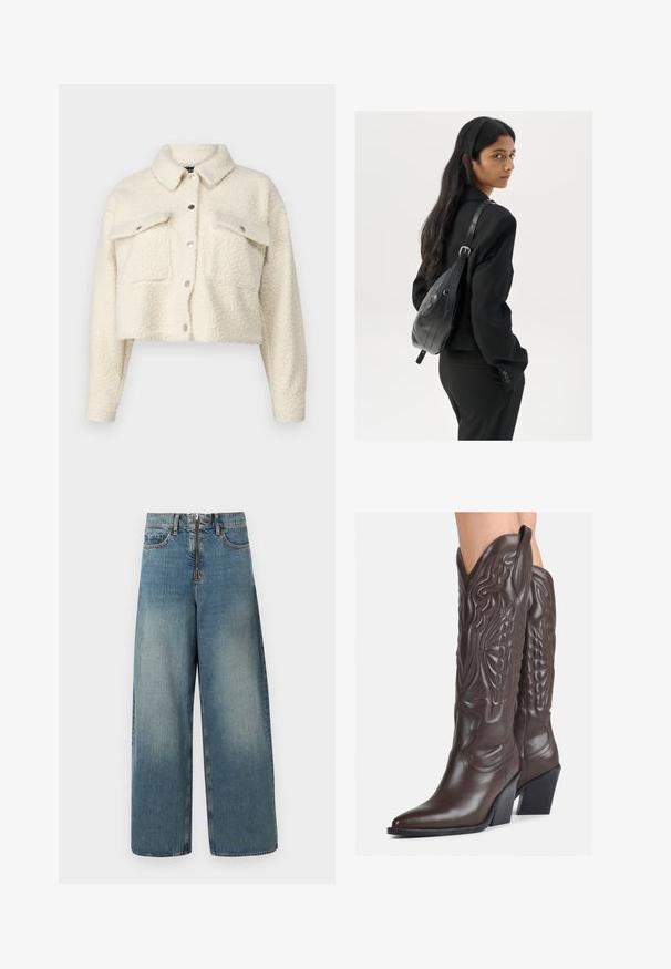 Krēmskrāsas vilnas jaka ar īsu dizainu, pogu aizdari, divām priekšējām kabatām un klasisku apkakli. Mīksta, teksturēta auduma.; Balta bezpiedurkņu topiņš no ribotā auduma, ar noapaļotu kakla izgriezumu un pieguļošu siluetu, ar minimālām šuvēm un bez rotājumiem.; Platas kājas džinsi gaisā zilo krāsā. Iespējo jostas vieta ar rāvējslēdzēju un pogu, kā arī viegla izbalēšana nodrošina nolietotu izskatu.; Brūni ādas kovboju zābaki ar norādītu purngalu un blokveida papēdi, ar detalizētu šūšanu un paceltiem akcentiem uz kājas daļas.; Sieviete ar garām tumšām matiem, ģērbusies melnā uzvalkā, nēsā melnu ādas plecu somu un skatās pāri plecam uz balta fona.