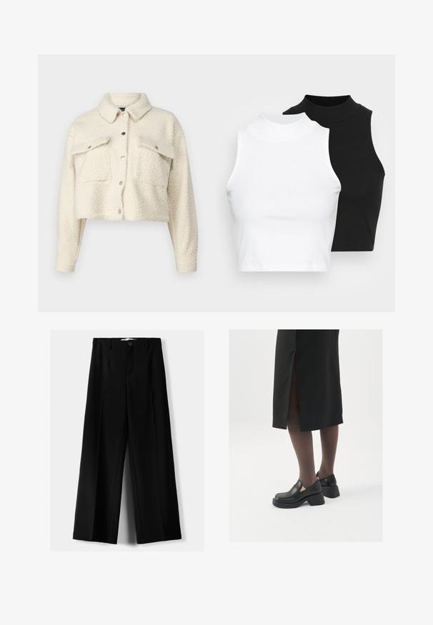Cream-colored fleece jacket with a cropped design, button closure, two front pockets, and a classic collar. Soft, textured fabric.; Two sleeveless ribbed turtleneck tops in black and white, featuring a fitted design and smooth texture, with cropped length.; Black wide-leg trousers made of lightweight fabric, featuring a front button closure and flat front, with neatly stitched hems.; Black leather shoes with a rounded toe, thick block heel, and elastic side accents, paired with dark tights and a black skirt with a slit.