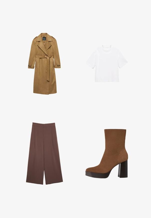 Dlouhý trenčkot v barvě velbloudí, vyrobený z semiše, s opaskem v pase, klopovým límcem a knoflíkovými manžetami. Obsahuje boční kapsy a ramenní epauletky.; Bílý bavlněný tričko s krátkým rukávem a kulatým výstřihem. Jednoduchý design, volný střih, hladká textura. Žádné vzory ani zvýraznění nejsou viditelné.; Hnědé široké kalhoty s hladkou texturou, vysokým pasem a předními záhyby. Materiál je lehký a volně splývá.; Hnědé semišové kotníkové boty s kulatou špičkou, robustním černým pruhovaným podpatkem a hladkým povrchem. Mají přiléhavý design bez viditelného kování.