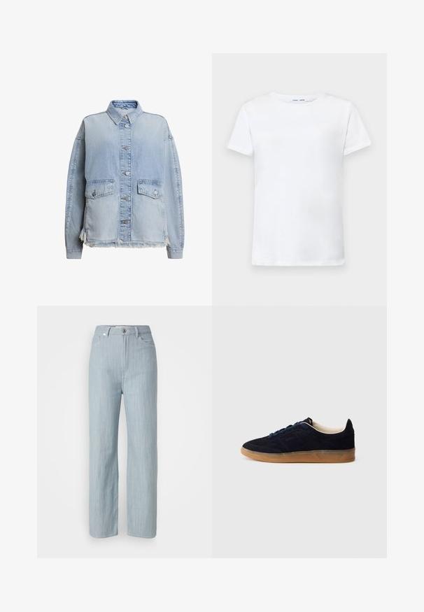 Lichtblauwe denimjacket met een knoopsluiting aan de voorkant, twee voorzakken en een gehavende zoom onderaan. Relaxte pasvorm met een kraag.; Witte korte mouwen t-shirt van katoen met een ronde hals. Soepele textuur en rechte snit, zonder patronen of accenten.; Lichtblauwe recht gesneden jeans van denim. Heeft vijf zakken, een metalen knoopsluiting en subtiele whisks voor textuur.; Marineblauwe suède sneaker met een buitenzool van gumrubber, blauwe veters en een minimalistisch design. Heeft een geperst logo aan de zijkant en een gladde binnenvoering.