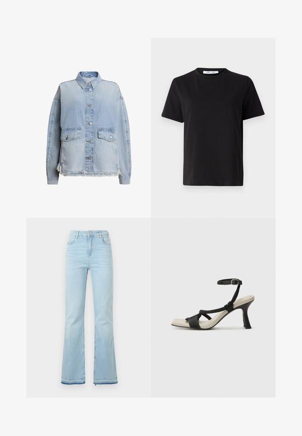 Hele sinine denim jakk, millel on nööbid ees, kaks esikotti ja frakkeeritud serv all. Mugav lõige ja krae.; Must have lühikeste varrukatega t-särk, mis on valmistatud pehmest puuvillast, ümmarguse kaelusega, lõdva sobivusega ja sileda tekstuuriga. Ei ole nähtavaid mustreid ega graafikat.; Heledad helesinised teksad, mis on valmistatud denimist, kõrge vöökohaga, esikottidega ning toore äärtega sääreosas, et luua lõdvestunud välimus.; Mustad musta kontsaga sandaal, millel on punutud rihma disain, ruudukujuline varvas ja reguleeritav pahkluu rihm. Heleda beeži värvi jalapadi ja läikiv must konts.