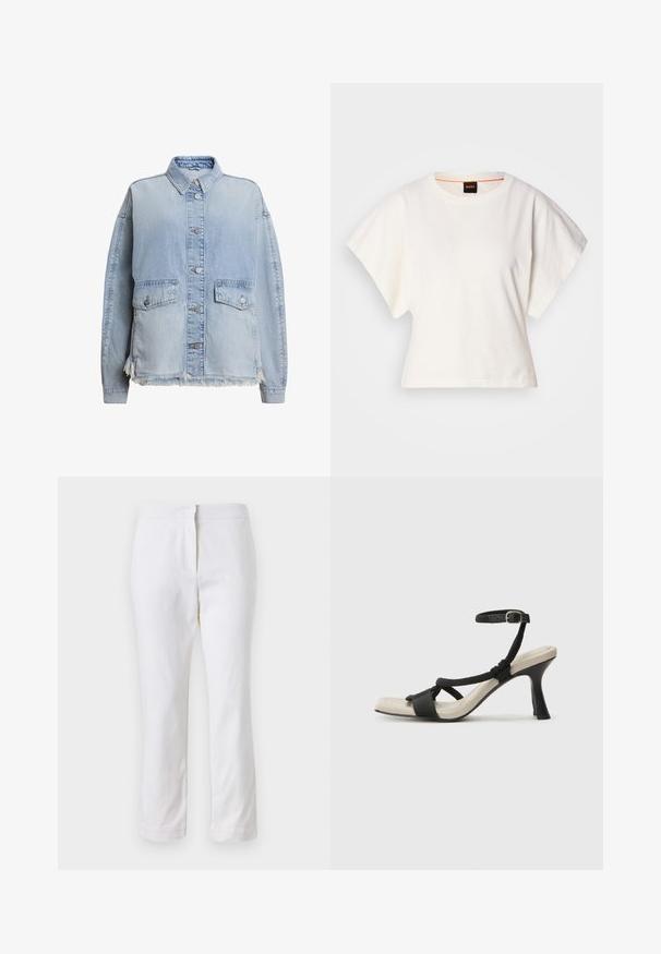 Vaaale sinines teksajakk, millel on nööpidega esitasku, kaks esistaskut ja frakitud äär all. Loodud vabalt langev ja kaelusega.; Valkoinen lyhythihainen t-paita, leveät lyhyet hihat, pehmeää puuvillamateriaalia, pyöreä pääntie jossa hienovarainen oranssi reunus, minimaalinen muotoilu, ei kuvioita tai graafisia elementtejä.; Valkoiset puuvillahousut suoralla lahkeella, joissa on keskikorkea vyötärö ja ei näkyviä varusteita tai kuvioita. Ehjä pinta kauttaaltaan.; Mustat korkokengät, joissa on punottuolkaiminen design, neliömäinen kärki ja säädettävä nilkkahihna. Vaaleanbeige jalkapohja ja kiiltävä musta korko.