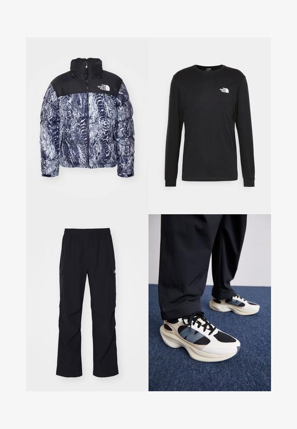 Puffer jacket in navy and black with a patterned design. Features a high collar, full zipper, and branding on the upper left side.; Black long-sleeve t-shirt made of cotton, featuring a white logo on the left chest and ribbed cuffs. Smooth texture with a crew neckline.; Black cargo pants made of lightweight material, featuring an elastic waistband, side pockets, and a straight leg design.; White and black sneakers with textured overlays and a blue accent, featuring a chunky sole and black laces, paired with black pants.