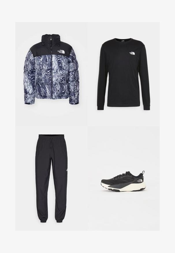 Μπουφάν με πούπουλα σε ναυτικό μπλε και μαύρο χρώμα με μοτίβο. Διαθέτει ψηλό γιακά, πλήρες φερμουάρ και λογότυπο στην επάνω αριστερή πλευρά.; Μαύρη μπλούζα με μακριά μανίκια από βαμβάκι, με λευκό λογότυπο στο αριστερό στήθος και ριμπ μανσέτες. Λείος υφασμάτινος χαρακτήρας με στρογγυλή λαιμόκοψη.; Μαύρη αθλητική παντελόνι κατασκευασμένο από ελαφρύ ύφασμα, με ζώνη που ρυθμίζεται με κορδόνι, πλευρικές τσέπες και στενές μανσέτες στους αστραγάλους.; Μαύρο αθλητικό παπούτσι με υφαντό πλέγμα, συμπαγείς μαύρες λεπτομέρειες και ελαφρύ λευκό εξωτερικό πέλμα. Περιλαμβάνει κλείσιμο με κορδόνια και λαβή.