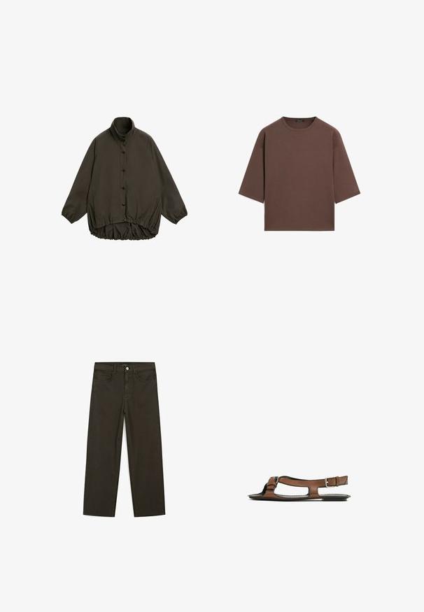 Brown padded jacket with a high collar, raglan sleeves, button closure, and gathered elastic hem. Smooth texture and lightweight design.; Brown cropped t-shirt with a round neckline, short sleeves, and a soft texture. Designed with a relaxed fit and minimal detailing.; Dark green wide-leg jeans made of cotton blend, featuring a front button closure, five pockets, and classic denim stitching.; Brown leather sandal with an open toe and side cutouts. Features an ankle strap with a metal buckle and a flat sole.