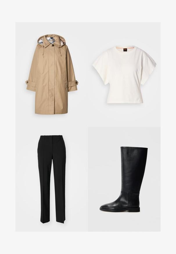 Beige raincoat with a hood, featuring a check-patterned inner lining, buttoned cuffs, and front pockets. Made from a water-resistant fabric.; White cropped T-shirt, short wide sleeves, soft cotton material, round neckline with subtle orange trim, minimal design, no patterns or graphics.; Black tailored trousers with a straight-leg design, featuring a smooth texture and crisp creases along the front. No visible hardware.; Black leather knee-high boot with a rounded toe, smooth texture, minimalistic design, and a flat sole. Simple seam details on the shaft.